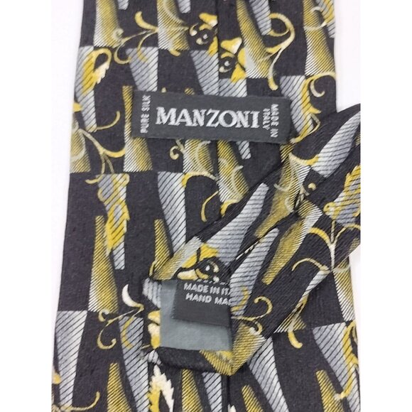 Manzoni Mens Necktie Silk Black Gray Gold Tie Handmade in Italy - Picture 5 of 8